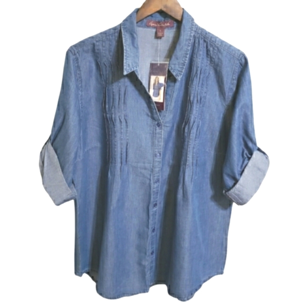 Gloria Vanderbilt Giselle Roll-tab Sleeve Blue Top Women's Size Large NWT